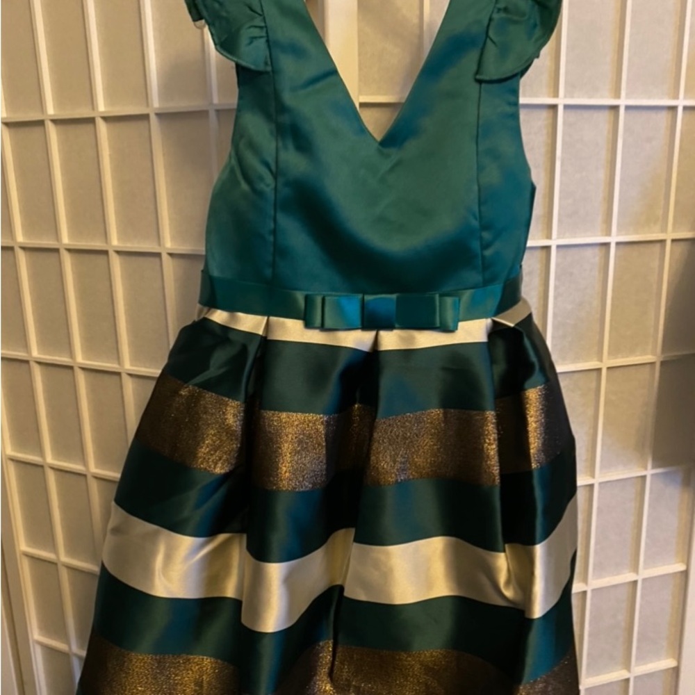 Charming Teal and Gold Striped Kids Dress